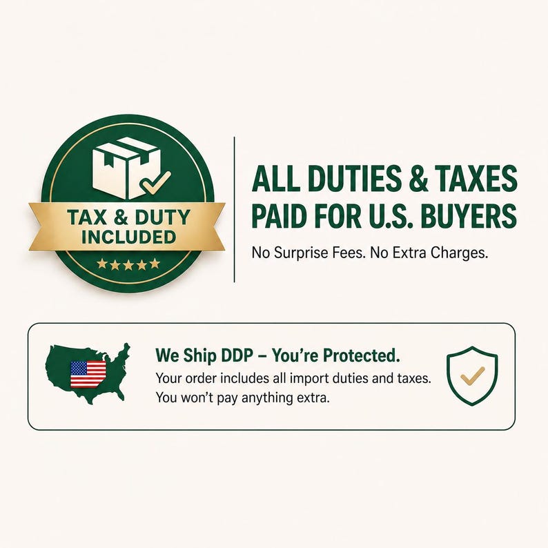 Op de afbeelding: Een donkergroene ronde badge met een wit doosicoon en een gouden banner met de tekst TAX & DUTY INCLUDED. De tekst luidt ALL DUTIES & TAXES PAID FOR U.S. BUYERS. No Surprise Fees. No Extra Charges. Bevat een kaart van de VS en een schildicoon.