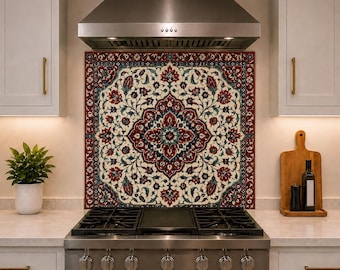 Ceramic Art Kitchen Backsplash, Traditional Floral Tempered Glass Panel, Mediterranean Kitchen Decor