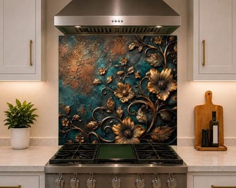 Vintage Floral Stove Backsplash Panel - Bronze Botanical Kitchen Backsplash - Heat Resistant Glass Splashback Decor