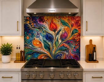 Maximalist Tempered Glass Backsplash, Turkish Marbling Inspired Kitchen Wall Panel, Colorful Botanical Decor