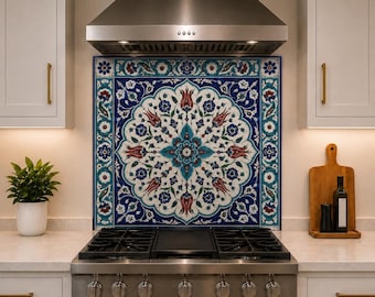 Ottoman Floral Glass Backsplash for Kitchen - Turkish Ceramic Tile Design - Blue Wall Panel - Heat Resistant Stove Backsplash - Easy Clean