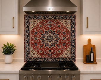 Oriental Rug Inspired Tempered Glass Backsplash, Traditional Medallion Kitchen Wall Panel, Turkish Style Decor