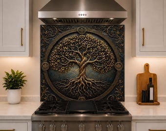 Tree of Life Kitchen Backsplash - Tempered Glass Behind Stove Splashback - Heat Resistant Stove Backsplash Protector - Easy Clean