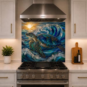 May include: A kitchen backsplash featuring a stained glass style illustration of a sea turtle swimming through blue ocean waves under a golden sun. The artwork displays intricate patterns of deep blue, teal, and green glass segments.