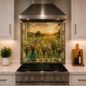 Può includere: Un pannello paraschizzi per cucina con l'immagine stampata di una finestra aperta che si affaccia su un prato al tramonto pieno di fiori di campo. Diversi barattoli di vetro pieni di fiori di campo colorati sono sul davanzale.