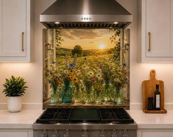 Achterwand van gehard glas met wilde bloemenprint - Keukenpaneel in cottage-stijl met raammotief - Glazen achterwand met bloemenprint voor de keuken - Hittebestendig en gemakkelijk schoon te maken