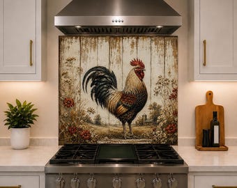 Glazen achterwand met haanmotief voor de keuken - Landelijke keukenachterwand - Rustieke keukendecoratie - Hittebestendige glazen achterwand