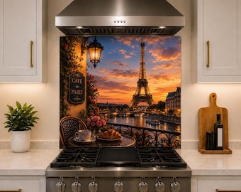 French Café Kitchen Backsplash Behind Stove, Eiffel Tower Tempered Glass Panel, Easy Clean Heat Resistant