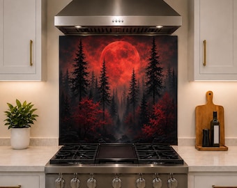 Blood Moon Kitchen Splashback Panel, Dark Forest Tempered Glass Backsplash, Gothic Nature Kitchen Decor