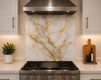 Luxury Marble Kitchen Backsplash Behind Stove, White & Gold Tempered Glass Splashback, Elegant Kitchen Decor