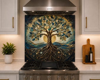 Tree of Life Tempered Glass Backsplash for Kitchen, Behind Stove Backsplash Protector, Easy Clean Oven Backsplash
