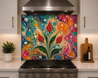 Colorful Tempered Glass Backsplash, Marbled Botanical Kitchen Wall Panel, Turkish Ebru Inspired Kitchen Decor