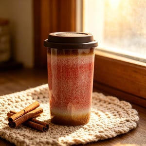 May include: A tall, brown-lidded travel mug with a red and white gradient design, resting on a beige crocheted coaster. Several cinnamon sticks are placed on the coaster. The mug is near a window with natural light.