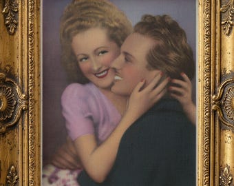 Vintage French Couple Postcard Print – Lavender Plum Backdrop, 1940s Embrace (Digital Download)