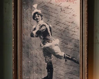 Antique French Postcard Print, Belle Époque Ice Skater, Moody Retro Wall Art (Digital Download)