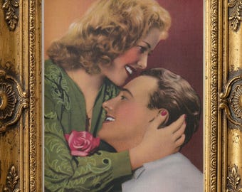 Vintage French Couple Postcard Print – Green Dress, Pink Rose, Sunset (Digital Download)