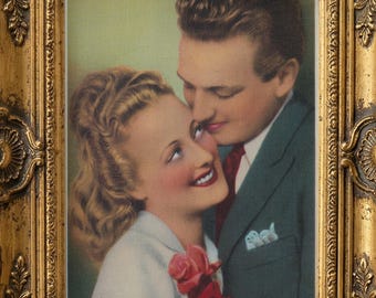 Vintage French Couple Postcard Print – 1940s Tinted Photo, Grey Suit, Pink Roses (Digital Download)
