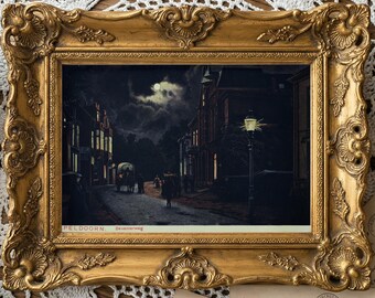 1908 Dutch Moonlit Street Postcard Print – Apeldoorn Deventerweg, Horse Cart (Digital Download)