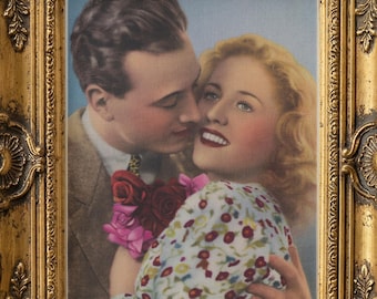 Vintage French Couple Postcard Print – Floral Dress, Blue Backdrop (Digital Download)