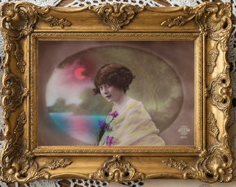 Antique French Hand-Tinted Oval  Postcard Portrait Print – Belle Époque Violet Bouquet (Digital Download)