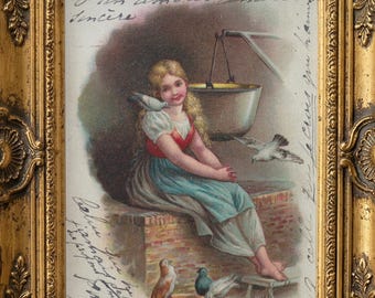 1904 French Postcard Print – Girl with Doves, Handwritten Note (Digital Download)