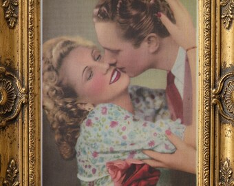 Vintage French Kissing Couple Postcard Print – 1940s Rose Bouquet (Digital Download)