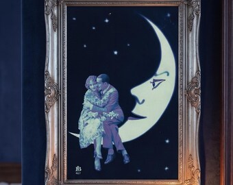 Vintage Paper Moon Print, 1920s Celestial Couple Photo, Surrealist Art (Digital Download)
