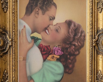 Vintage French Couple Embrace Postcard Print – 1940s Tinted Photo, Roses (Digital Download)