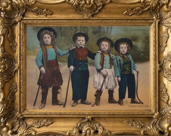 Antique Hand-Tinted Breton Children Postcard Print – 1910 French Folk Costume (Digital Download)