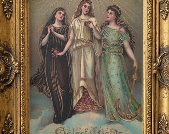 Antique Gilt Embossed Faith Hope Love Postcard Print – 1908 Dutch Virtues (Digital Download)