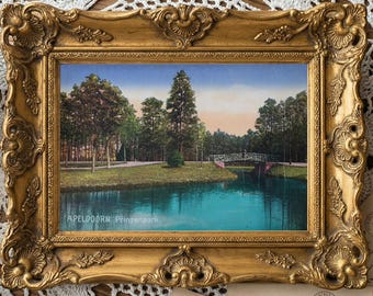 1920s Dutch Park Postcard Print – Apeldoorn Prinsenpark, Turquoise Pond, Footbridge (Digital Download)