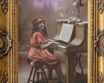 1920s French Girl at Piano Postcard Print – Hand-Tinted Music Room Art (Digital Download)
