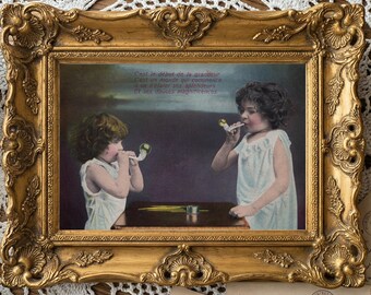 Edwardian French Postcard Print – Girls Blowing Bubbles, Vintage Nursery Art (Digital Download)