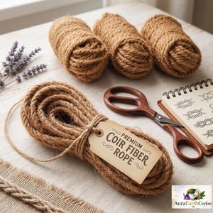 May include: Three spools of brown coir fibre rope and one coiled length of rope with a tag reading PREMIUM COIR FIBER ROPE. A pair of dark wood-handled scissors and a small spiral-bound notebook with hand-drawn knot illustrations are included.