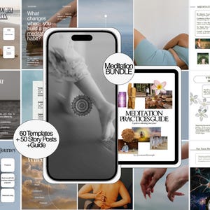 Op de afbeelding: Een digitaal meditatiepakket met een smartphone en tablet die verschillende sjablonen, gidsen en tips weergeven. De schermen tonen tekst waaronder 6 Steps Guide to Meditation, Meditation Practices Guide en 60 Templates + 50 Story Posts + Guide.