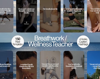 May include: A digital collection of 150 Breathwork and Wellness Teacher reel templates featuring various yoga poses, meditation scenes, and motivational text overlays. The layout includes circular badges with text and a blue ocean background.