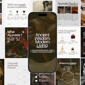 Puede incluir: Un teléfono inteligente que muestra una pantalla oscura con el texto blanco Ancient Wisdom. Modern Living. Ayurveda for the woman who's ready to come home to herself. El teléfono está centrado sobre un collage de varios gráficos educativos sobre Ayurveda.
