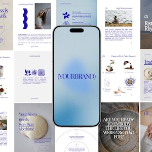 Puede incluir: Un teléfono inteligente centrado en el marco muestra una pantalla con degradado azul y el texto (YOURBRAND) en el medio. El teléfono está rodeado por un collage de varios gráficos de redes sociales sobre bienestar con texto, fotos e iconos.