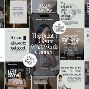 Puede incluir: Una pantalla de smartphone que muestra una colección de plantillas para redes sociales con texto sobre respiración y emociones. El gráfico central presenta el texto The Breath Moves What Words Cannot y una insignia circular con 35 Templates + Caption + Hashtags.