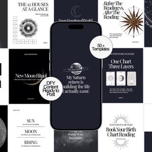 May include: A black smartphone centered over a grid of astrology-themed social media templates. The screen displays a planet graphic and text reading My Saturn return is building the life I actually want. Circular badges read 50+ Templates and DFY Content Ready to Post.