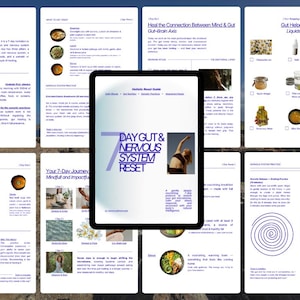May include: A digital tablet displaying a 7-Day Gut & Nervous System Reset guide. The screen features a white background with dark blue text, a title in large bold letters, and a photograph of a person stretching. Surrounding the tablet are multiple pages of the guide, showing meal plans, shopping lists, and wellness practices.