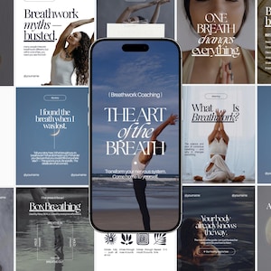 Puede incluir: Un teléfono inteligente que muestra en su pantalla una plantilla digital para coaching de respiración, con el texto The Art of the Breath, rodeado por una cuadrícula de varios diseños de publicaciones en redes sociales sobre técnicas de respiración.