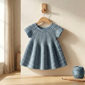May include: A dusty blue crochet dress with short sleeves and a round neckline, featuring a textured stitch pattern that flares out from the yoke. The garment is displayed on a wooden hanger, accompanied by a ball of matching yarn and a wooden hook.