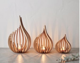Wooden Tealight Candle Holder | Teardrop Wood Lantern | Minimalist Table Centerpiece | Boho Mantel Decor | Modern Flame Shaped Light