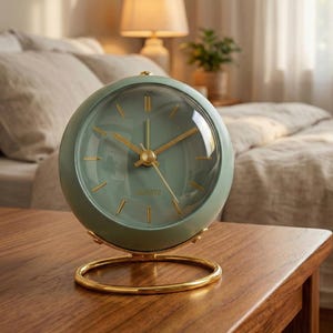 Può includere: Un orologio al quarzo verde menta con lancette e dettagli dorati. L'orologio ha una forma arrotondata con una copertura trasparente a cupola e poggia su una base circolare dorata. L'orologio è su una superficie di legno.