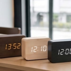 Op de afbeelding: Drie rechthoekige digitale houten klokken in verschillende tinten bruin, beige en zwart worden getoond op een lichtgekleurd houten oppervlak. Elke klok toont de tijd in digitaal formaat, in oranje of wit.