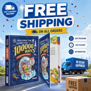 May include: A book titled "Building the Ultimate Brain 100000 Whys" with a blue cover and colorful illustrations. The book is open, revealing interior pages with cartoon characters. A blue delivery truck is in the background.