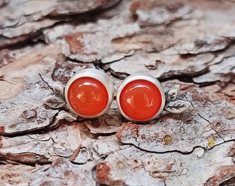 Carnelian Stud Earrings, Natural Carnelian Sterling Silver Earrings, Orange Carnelian Silver Leaf Earrings, Nature Inspired, Metalsmith.