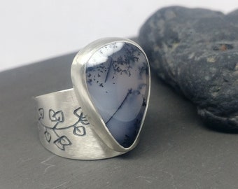 Merlinite ring. Dendritic Opal sterling silver ring. Natural Dendritic opal.  Dendritic agate ring. Silversmith. One of a kind. Metalsmith.