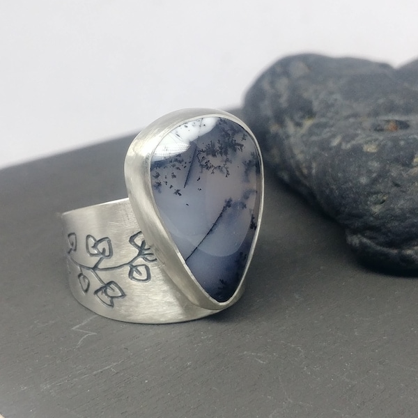 Merlinite ring. Dendritic Opal sterling silver ring. Natural Dendritic opal.  Dendritic agate ring. Silversmith. One of a kind. Metalsmith.